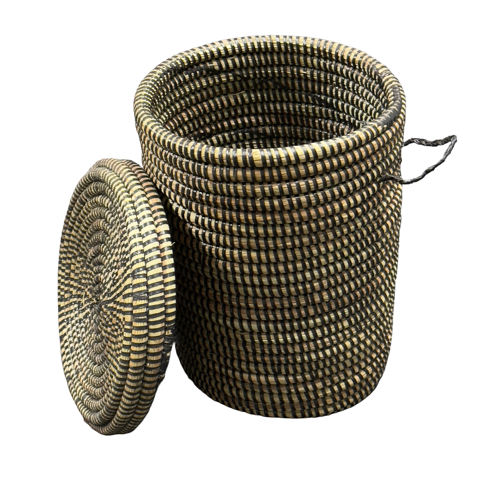 Handwoven,Lidded Senegalese Storage Basket with Handle, Ideal for Organizing Small Items - Image 8