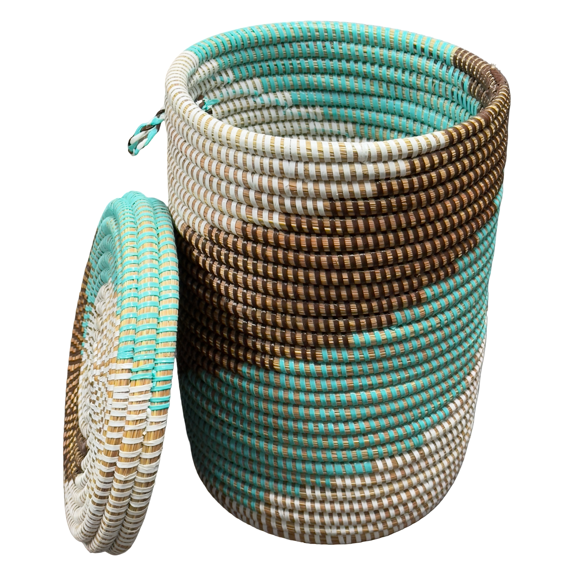 Handwoven,Lidded Senegalese Storage Basket with Handle, Ideal for Organizing Small Items - Image 10