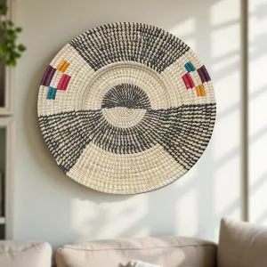 Handwoven Raffia Wall Plate in Natural, Black with colorful accent - Various Sizes