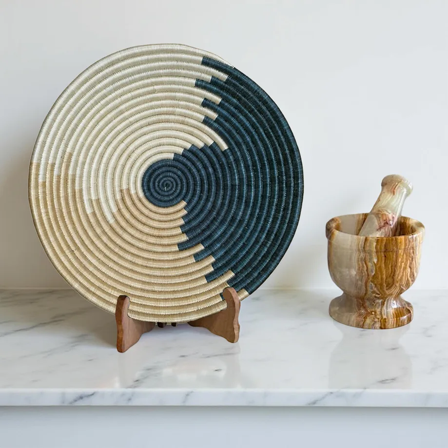Handwoven African Sisal Basket Bowl in Dark Green, Tan and Natural - Various Sizes