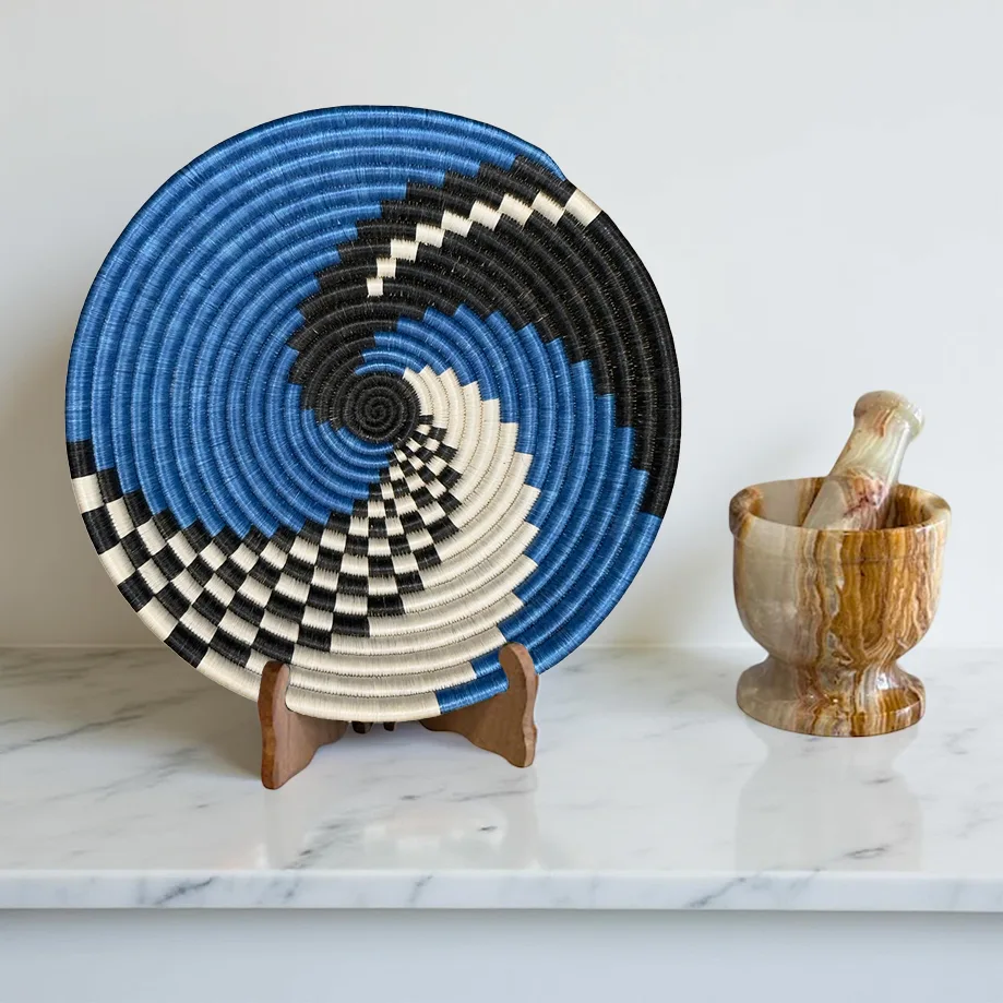 Handwoven Blue, Black, white Basket Sisal Bowls in 12, 10, 8 Inches Diameter