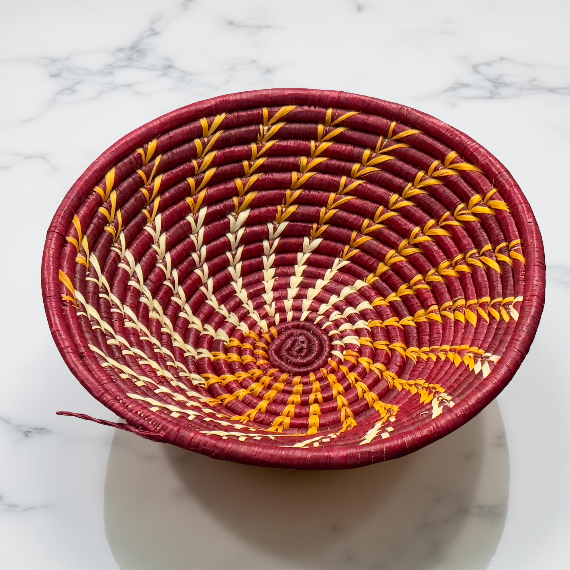 Handwoven Raffia African Basket Bowl in Maroon with Orange Swirl - Various Sizes - Image 2