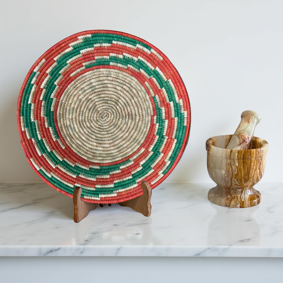 Handwoven Raffia Ugandan Toro African Basket Bowl in Circular Wave Design