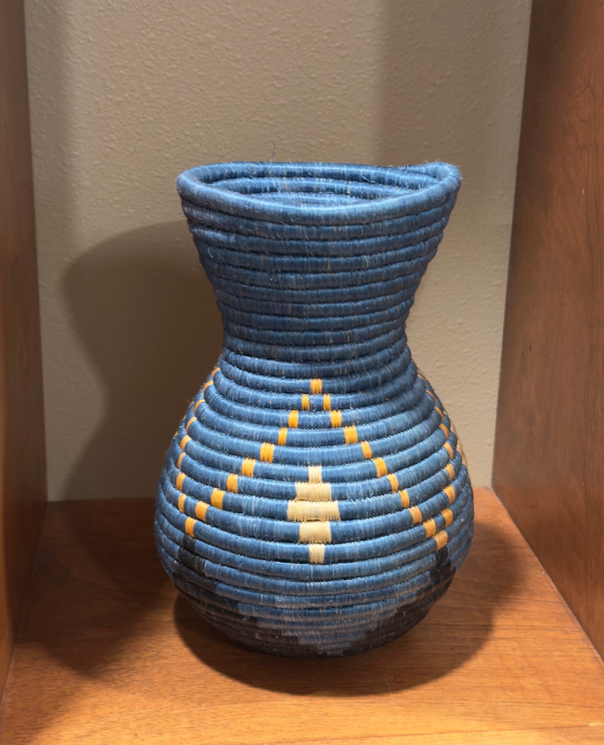 Handmade SisalAfrican Basket, Woven Flower Vase in Blue,Black and Natural Accent - Image 6