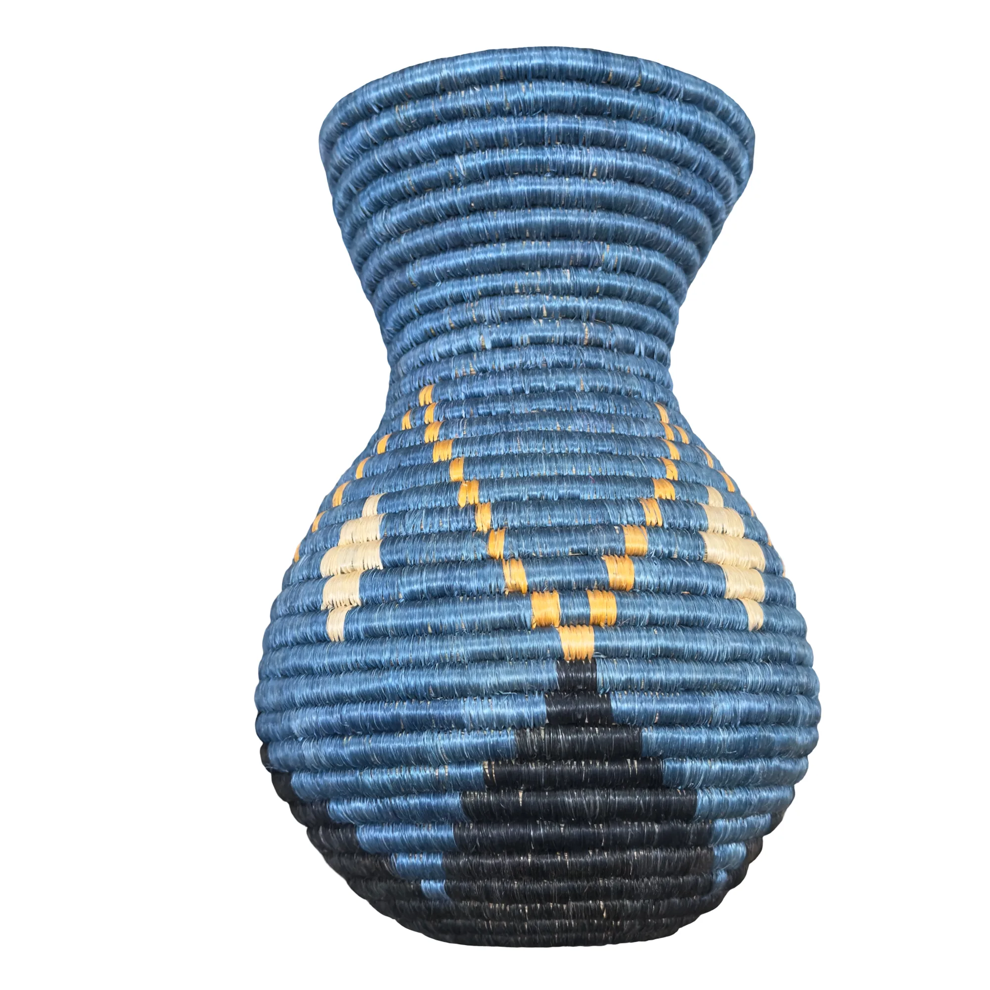 Handmade SisalAfrican Basket, Woven Flower Vase in Blue,Black and Natural Accent - Image 2