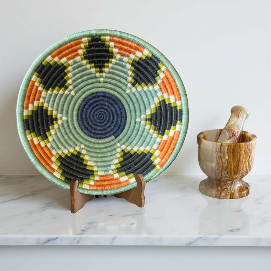 Handwoven Sisal African Basket Bowl in Teal Blue Orange Black - Various Sizes
