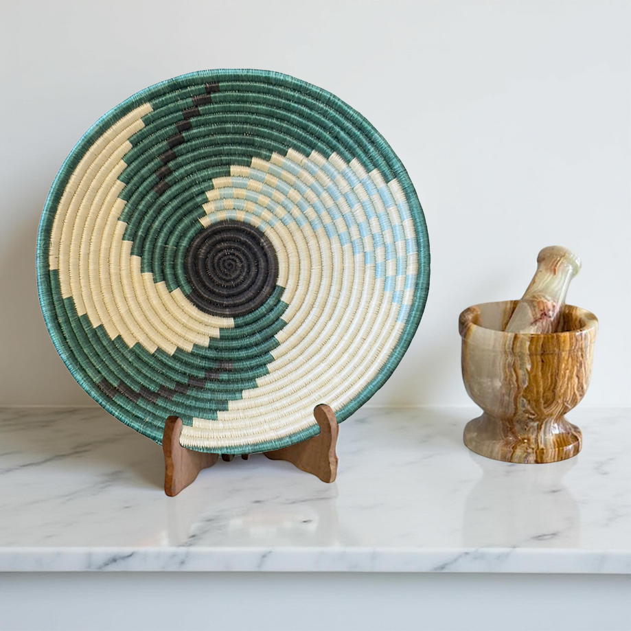 Hand woven Sisal African Basket Bowl in Green Black Swirl - Various Sizes