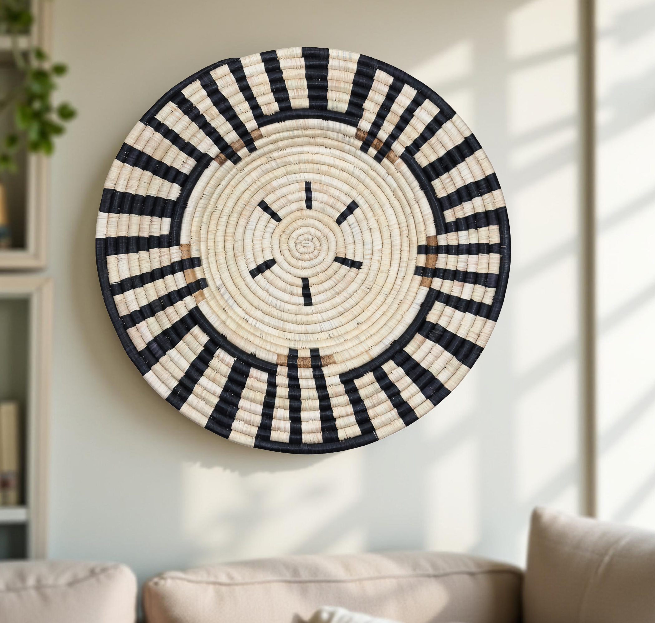 Natural, Black and Banana Leaves Abstract Raffia Wall Hanging Decor Plate Mat - Various Sizes