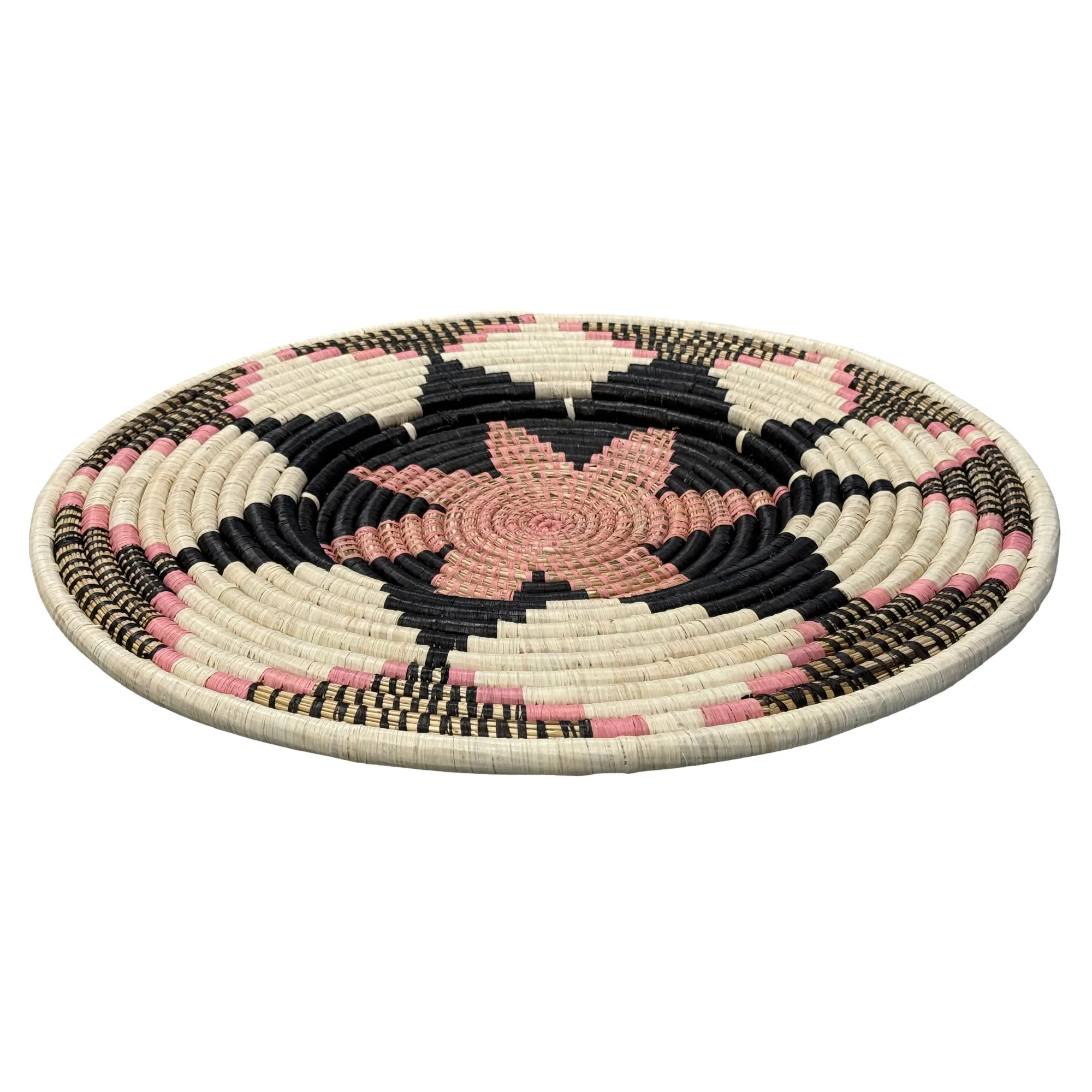 Handwoven Raffia African Wall Plate in Pink, Black Floral - Various Sizes - Image 3
