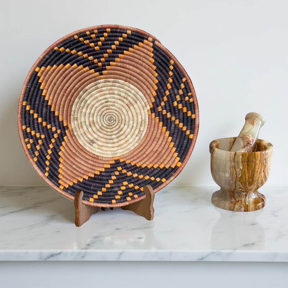 Handwoven Raffia Ugandan Toro Baskets with Four Petal Floral Design