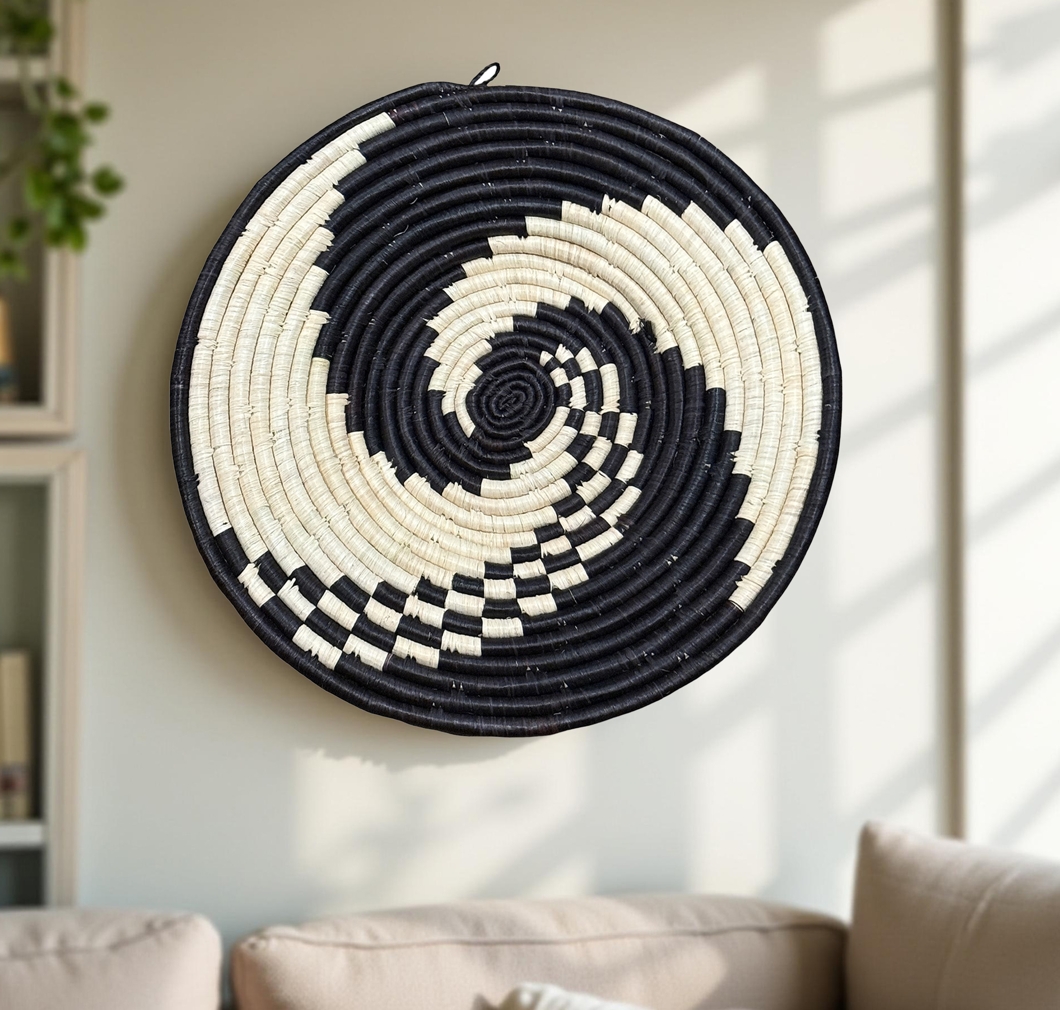 Handwoven Raffia Wall Plate Basket: Versatile Boho Home Decor Piece in Black Swirl Plate Mat - 3 size options