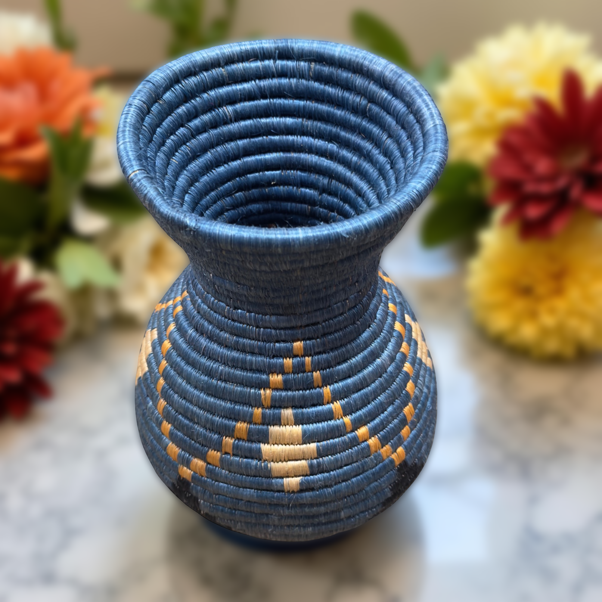 Handmade SisalAfrican Basket, Woven Flower Vase in Blue,Black and Natural Accent