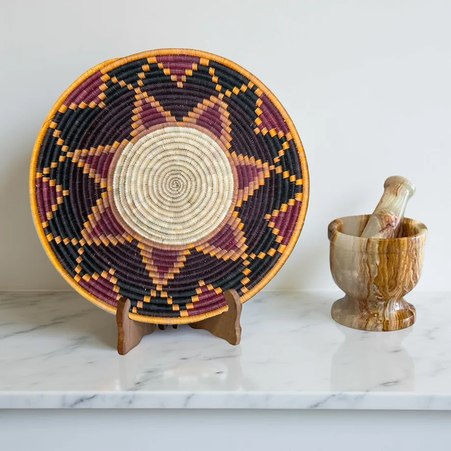 Handwoven Raffia Ugandan Toro African Baskets Bowls with Intricate Kaleidoscope Designs