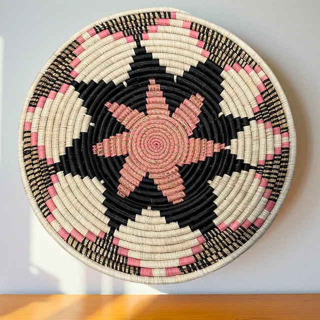 Handwoven Raffia African Wall Plate in Pink, Black Floral - Various Sizes - Image 2