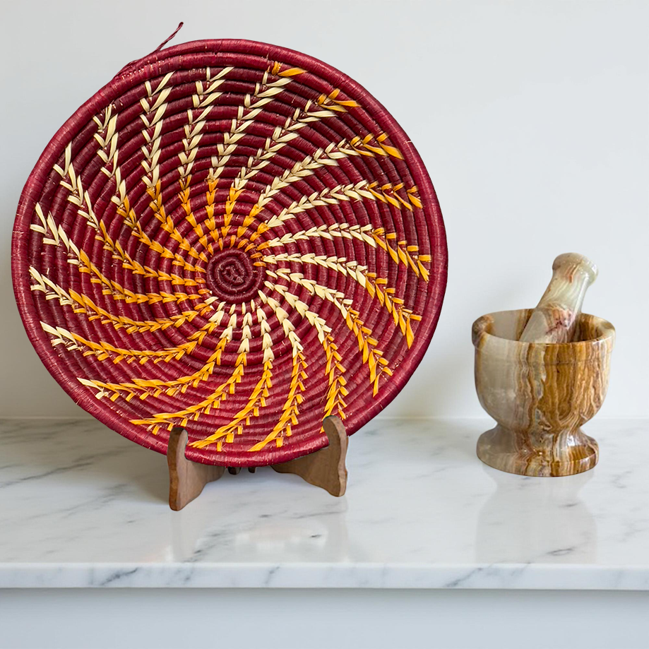 Handwoven Raffia African Basket Bowl in Maroon with Orange Swirl - Various Sizes
