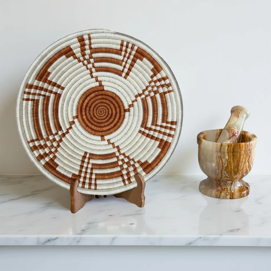 Handwoven Sisal African Bowl in Teja, Natural with Abstract Design