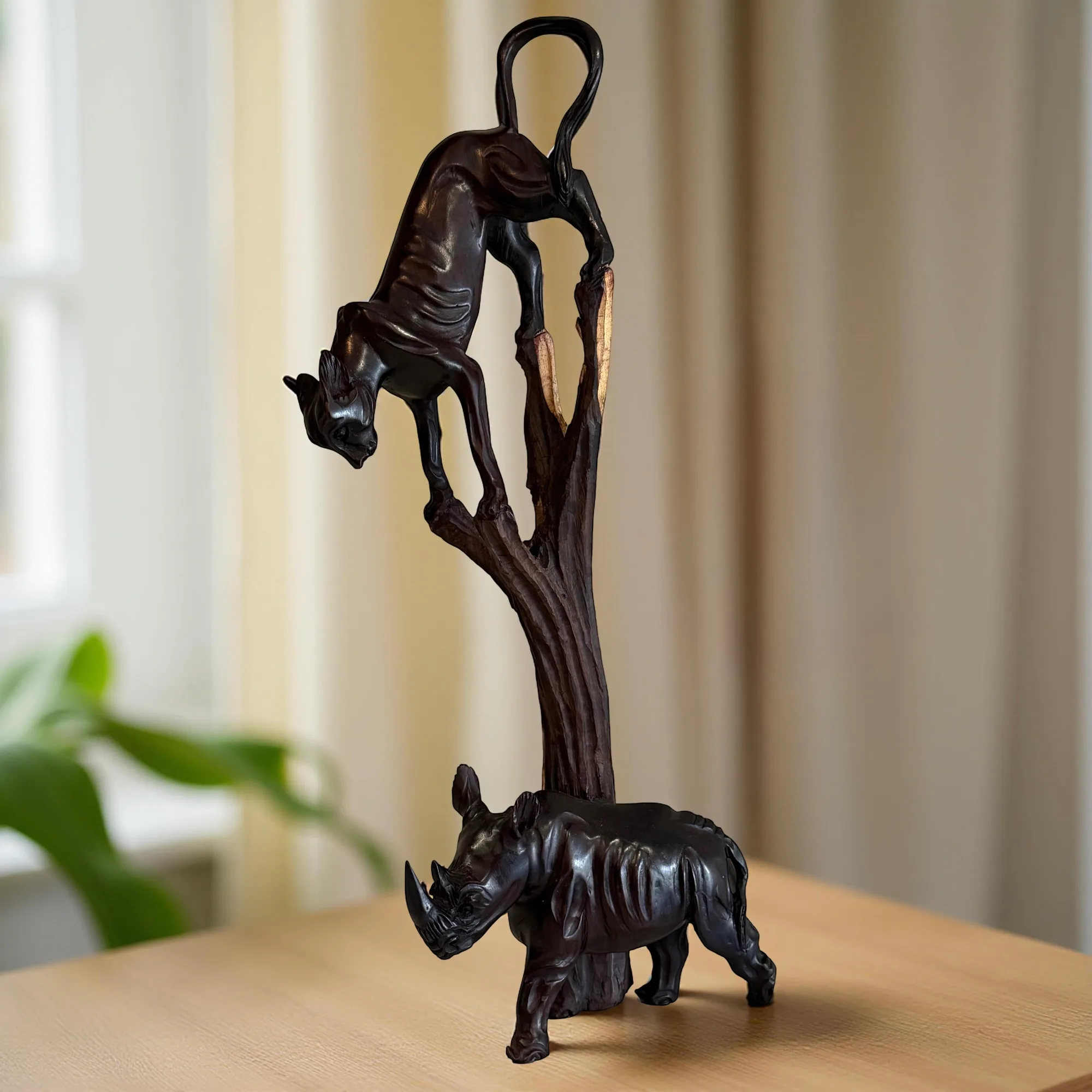 Hand-carved Ebony Wood Animal Scene Sculptures, Unique Tribal Home Decor - Safari Wildlife Gift