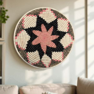 Handwoven Raffia African Wall Plate in Pink, Black Floral - Various Sizes