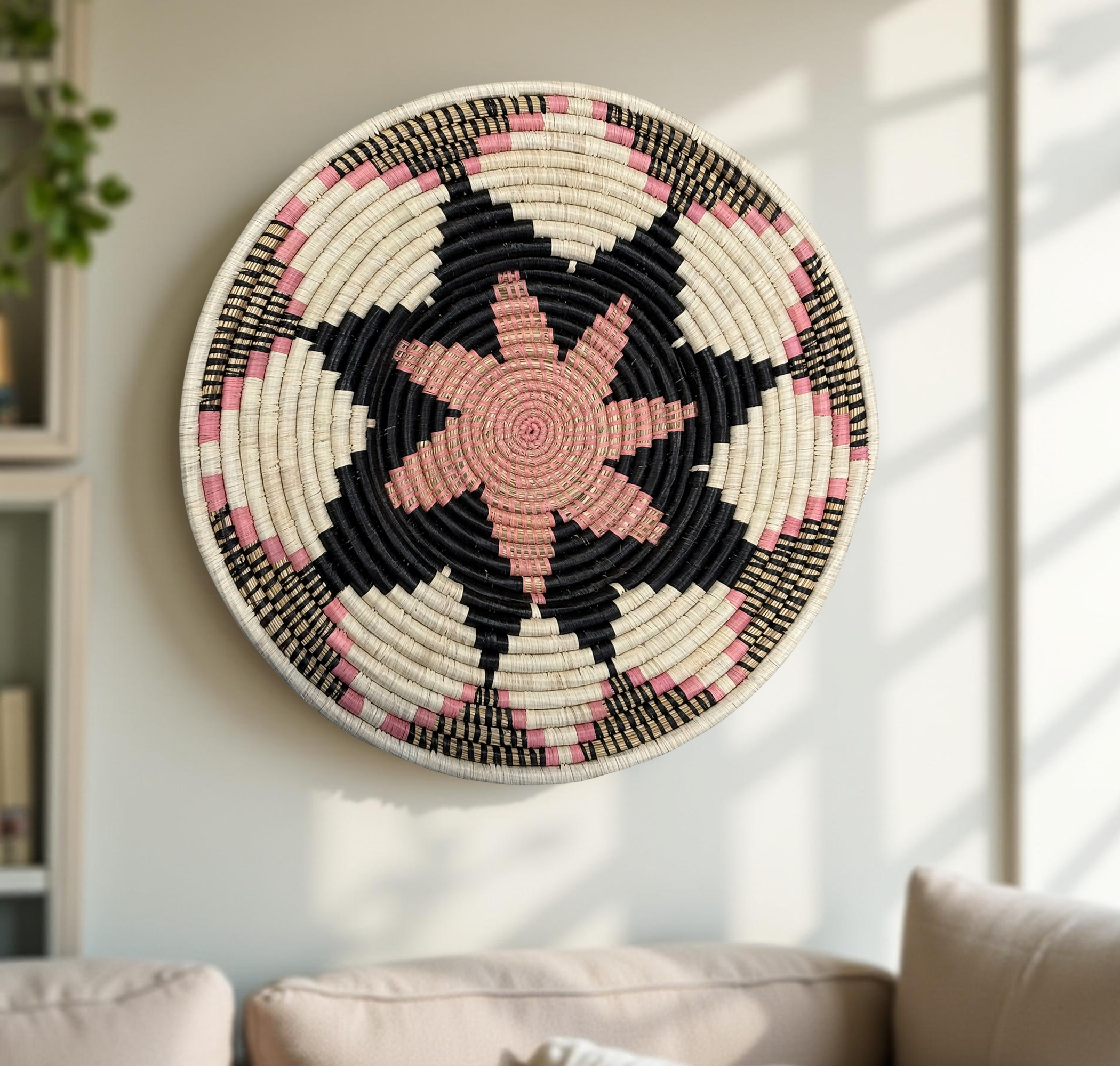 Handwoven Raffia African Wall Plate in Pink, Black Floral - Various Sizes