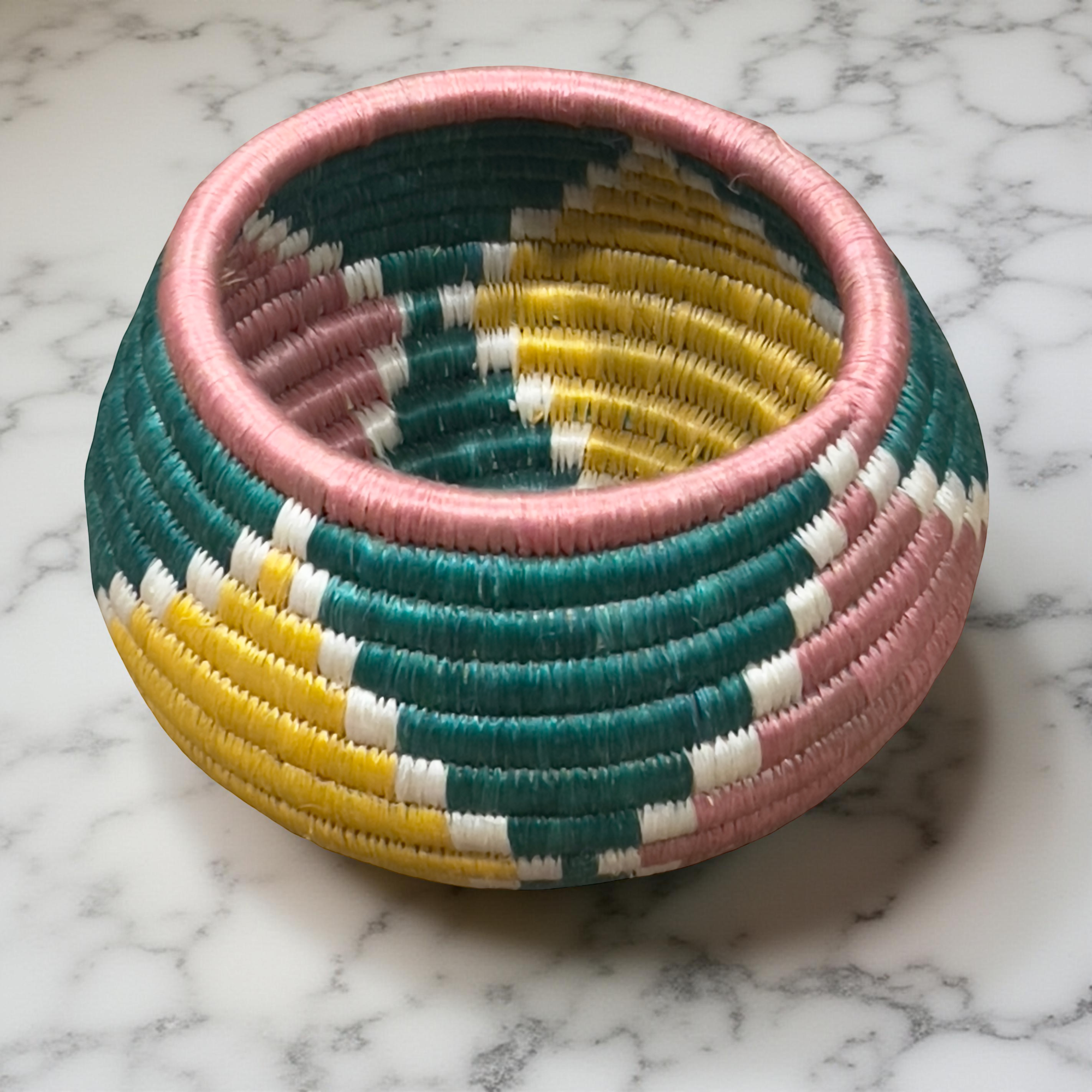 Handwoven African Sisal Trinket Basket in Peach,Green,Yellow