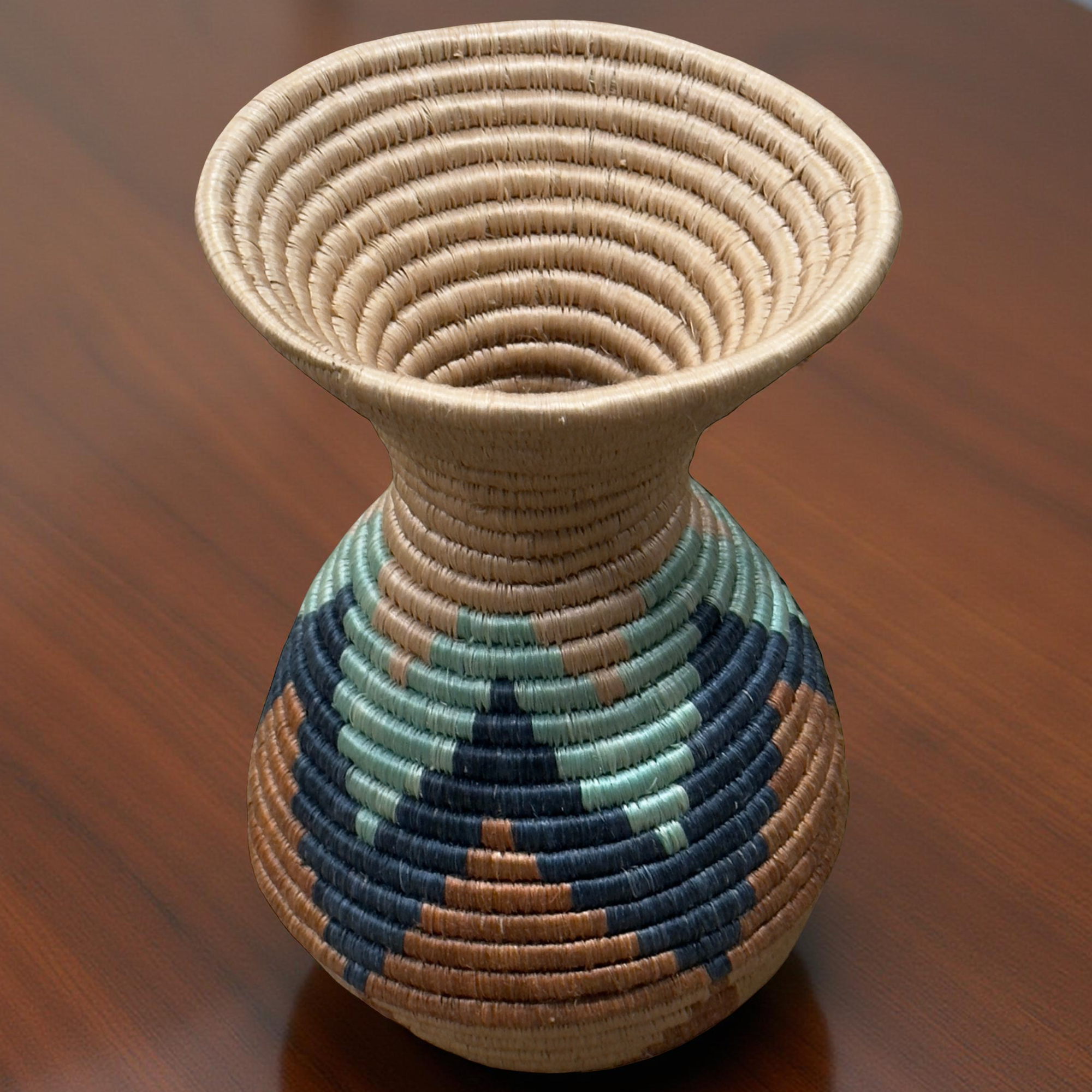 Handwoven Sisal Floral Vases in Tan, Teal and Black