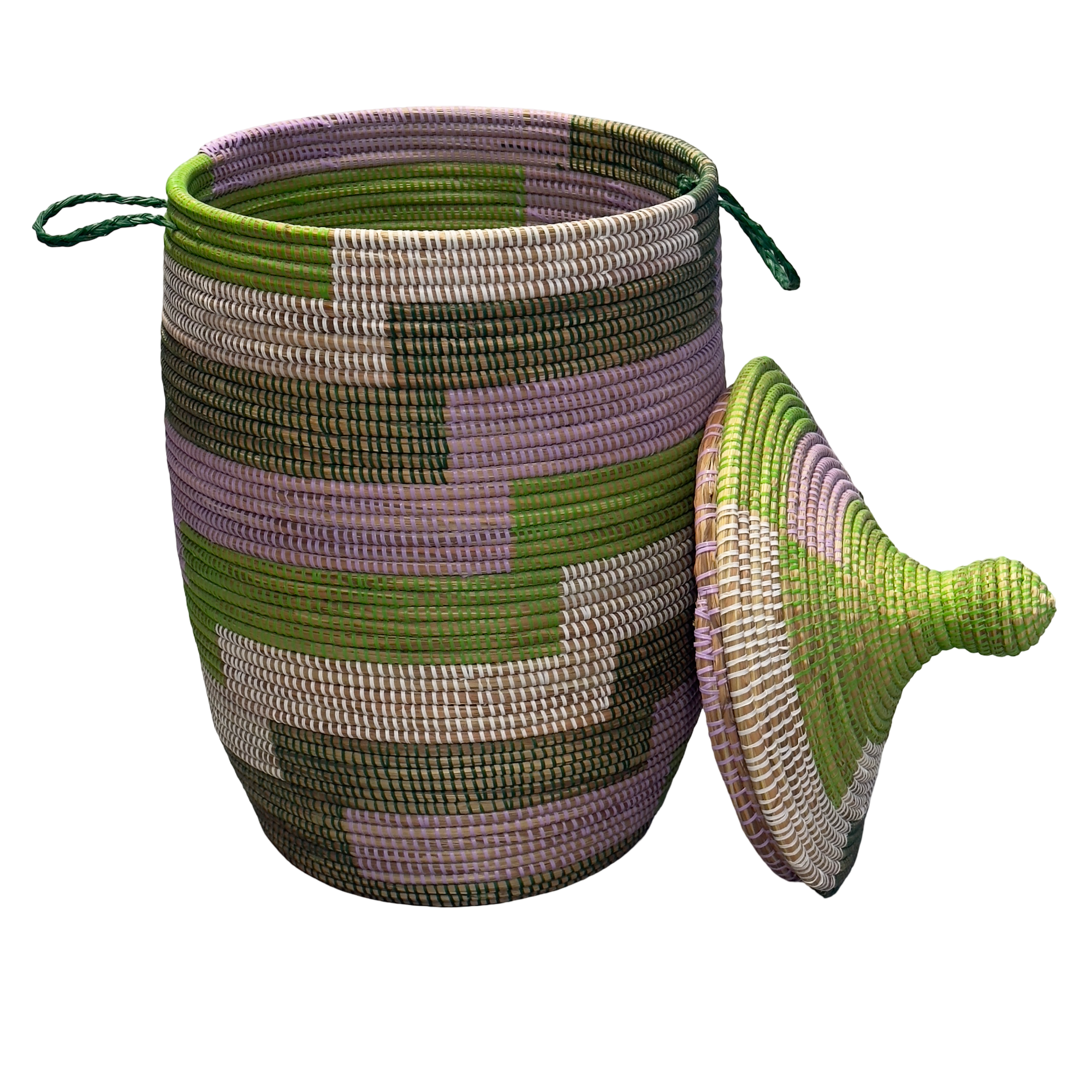 Handwoven Large Senegalese Floor Storage and Laundry Baskets in Green and Lavendar - Image 3