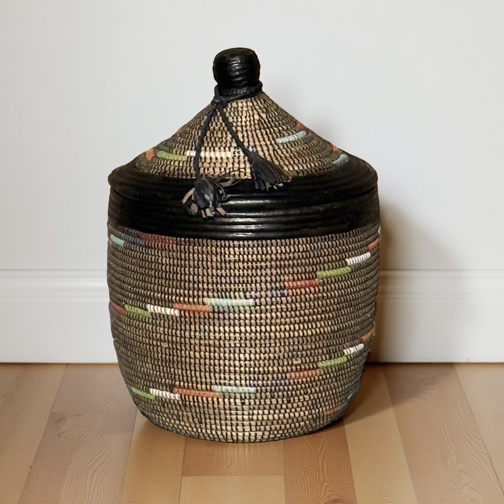 Vintage Woven Senegalese Storage Basket in Brown and Black with leather Trim