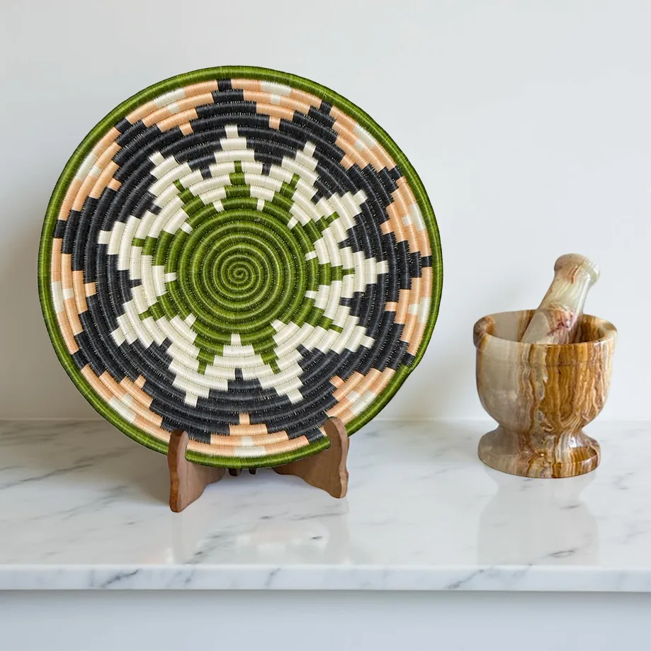Handwoven African Sisal Bowl in Green, Black, Peach Sisal Basket