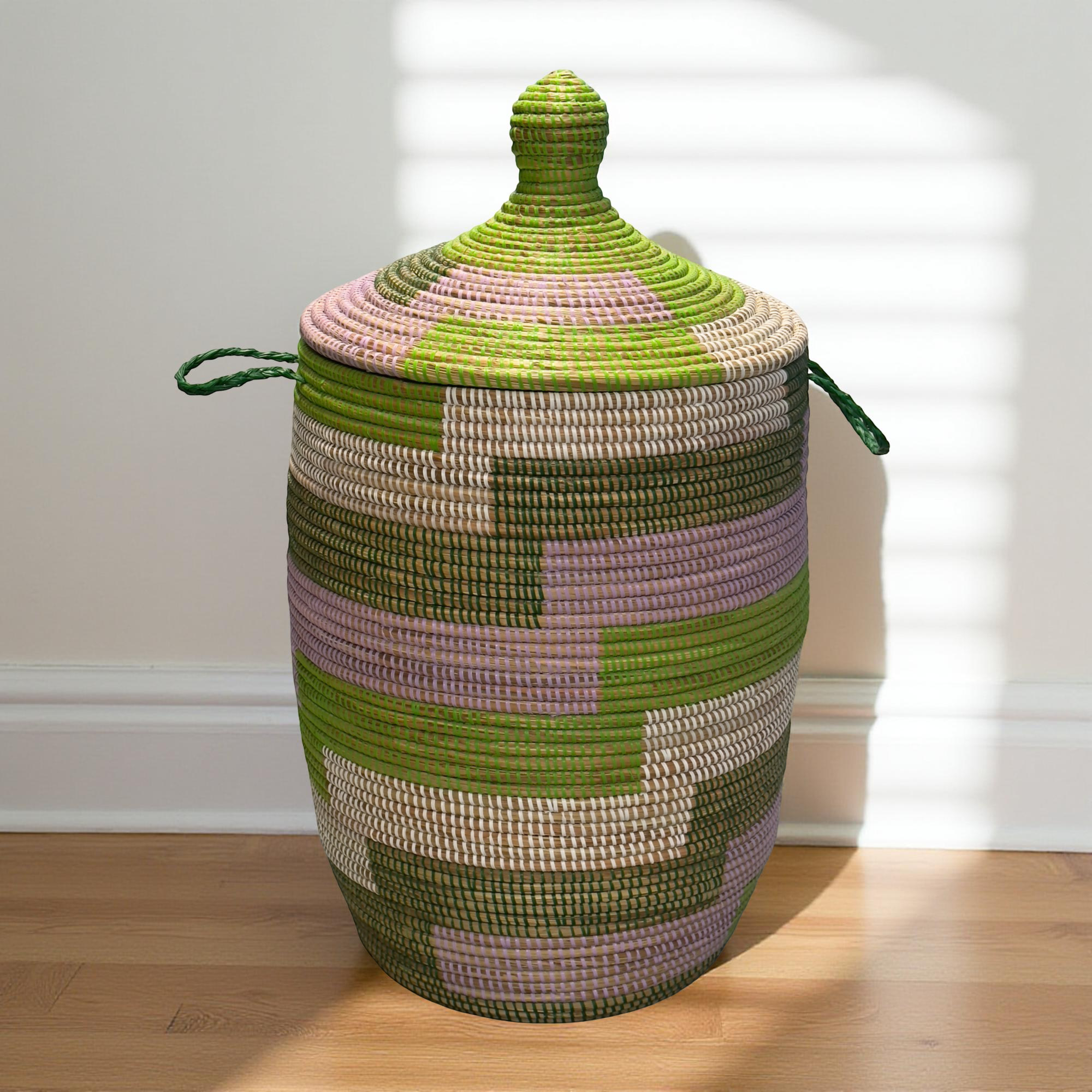 Handwoven Large Senegalese Floor Storage and Laundry Baskets in Green and Lavendar - Image 2