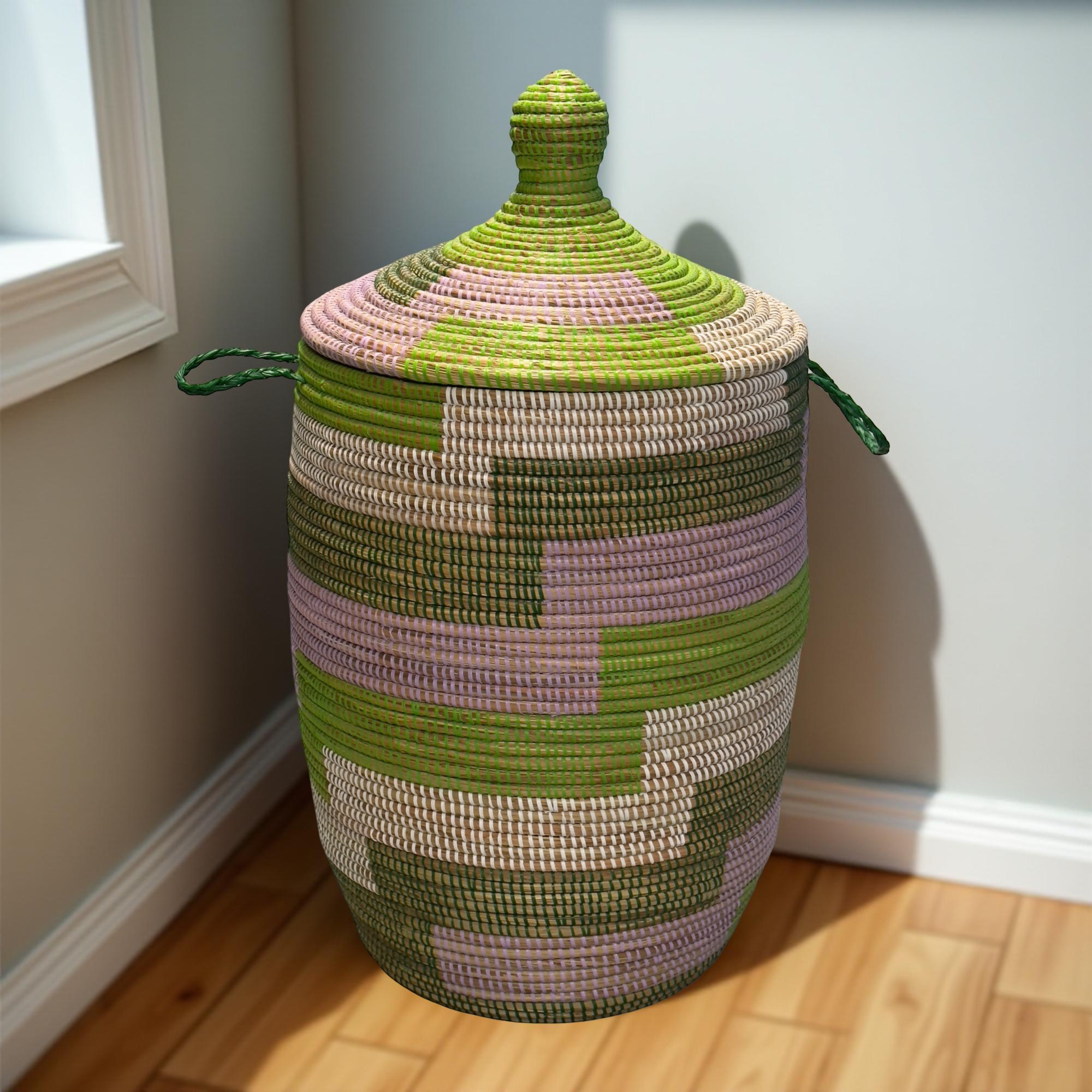 Handwoven Large Senegalese Floor Storage and Laundry Baskets in Green and Lavendar