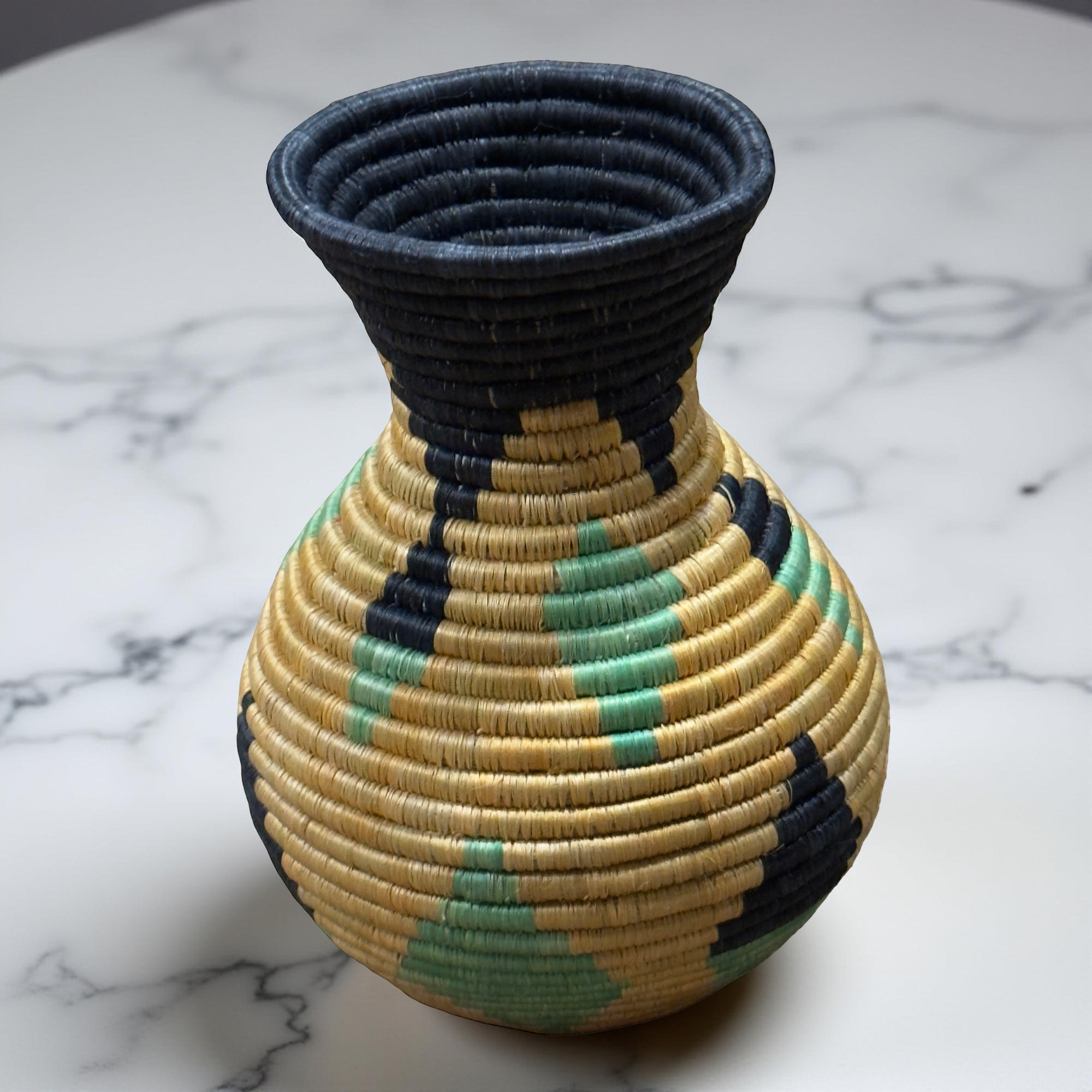 Handwoven Sisal Floral Vases in a Tan, Sea Green, and Black - Image 4