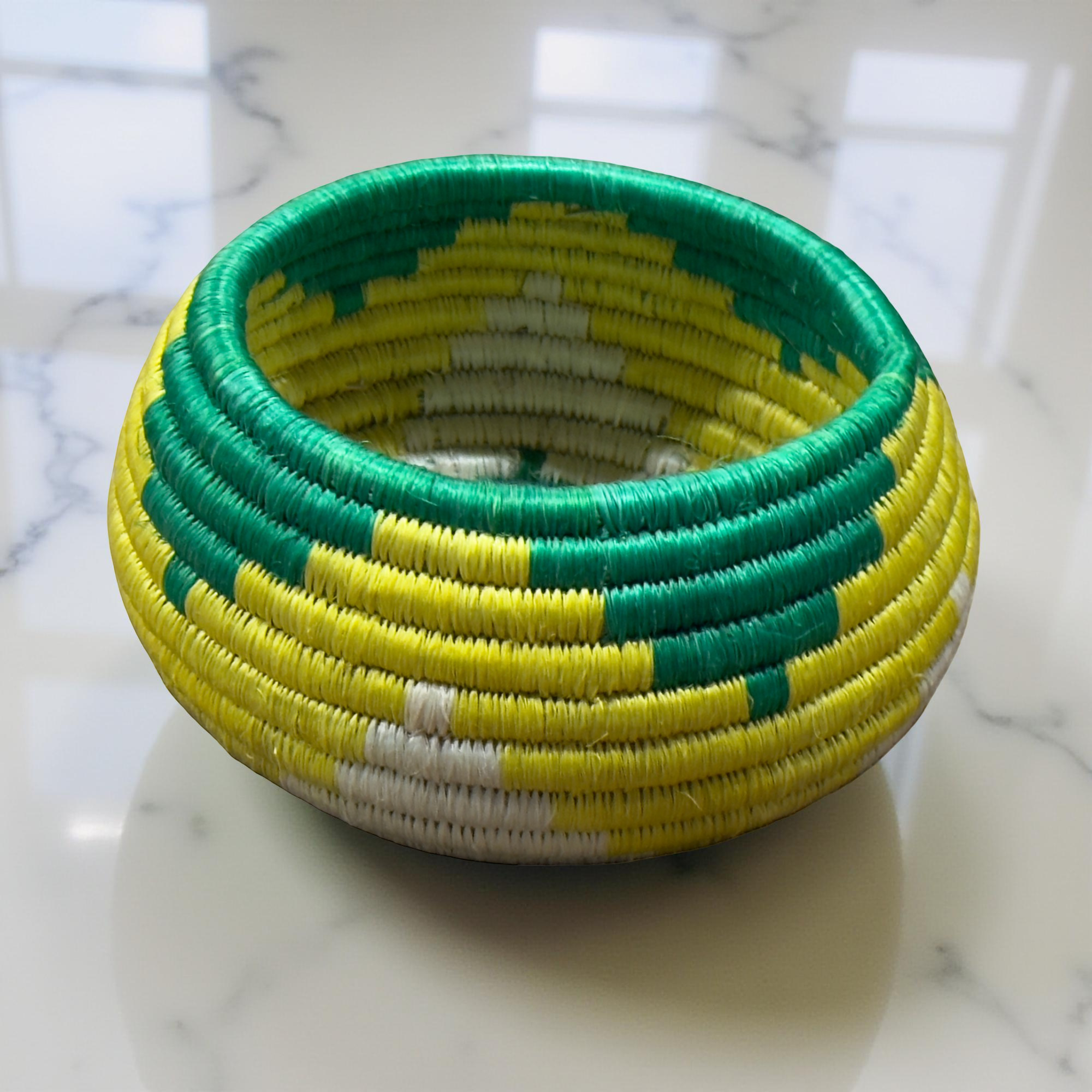 Handwoven African Sisal Trinket Basket approximately 6 Inches base diameter x 3-4 inches Height in Yellow, Green, Natural