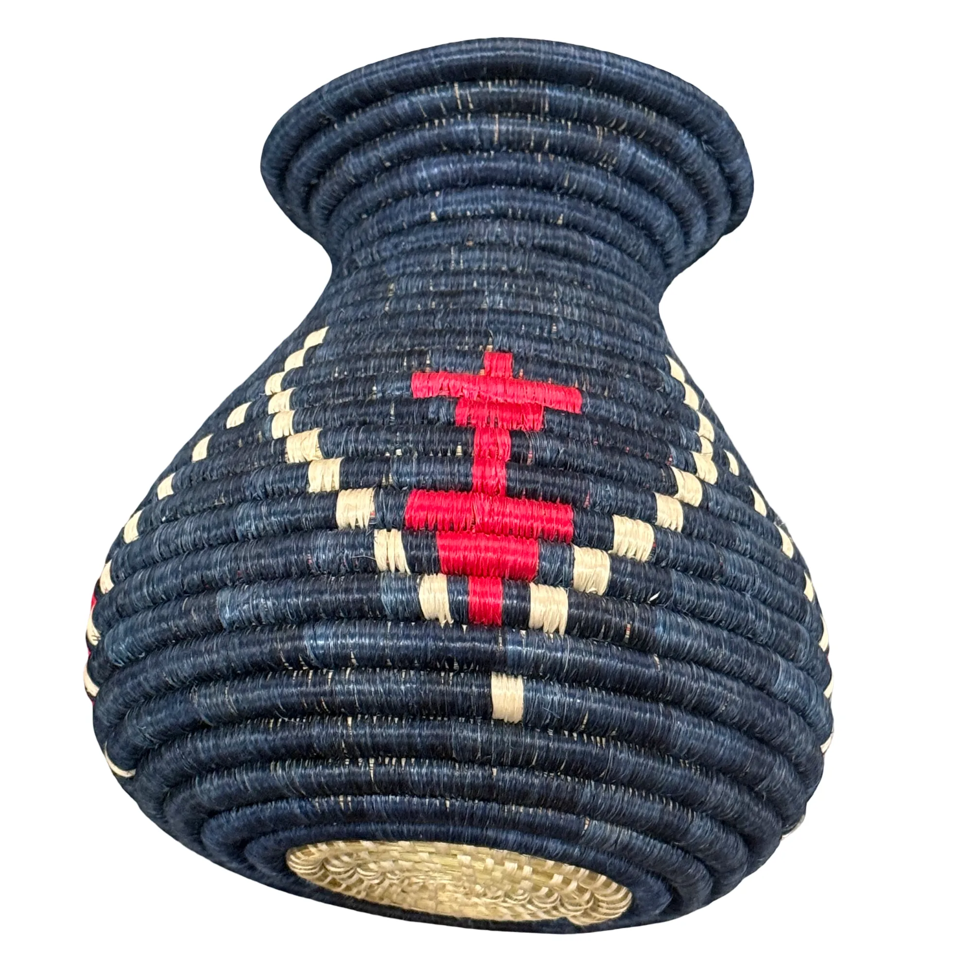 Handwoven Sisal Floral Vases in dark blue and red - Image 4