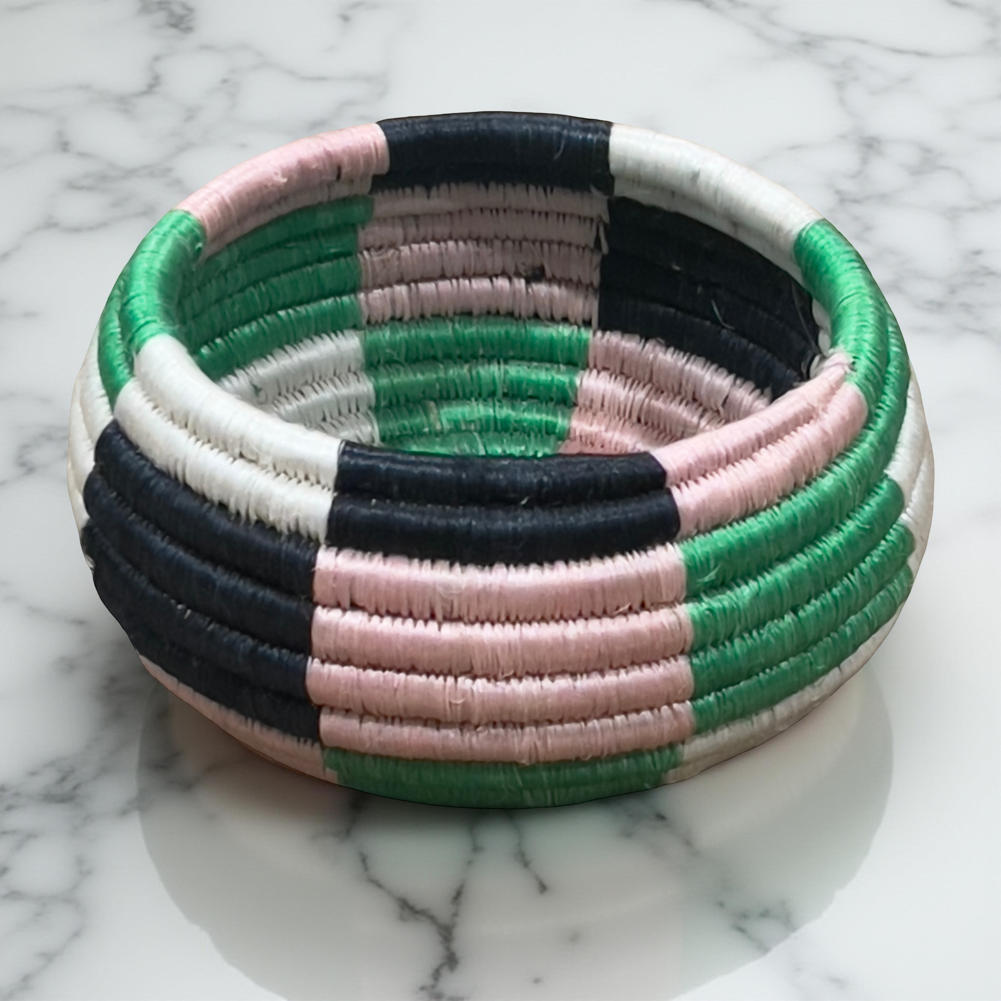Handwoven African Sisal Trinket Basket approximately 6 Inches base diameter x 3-4 inches Height in Pink,Green,Black