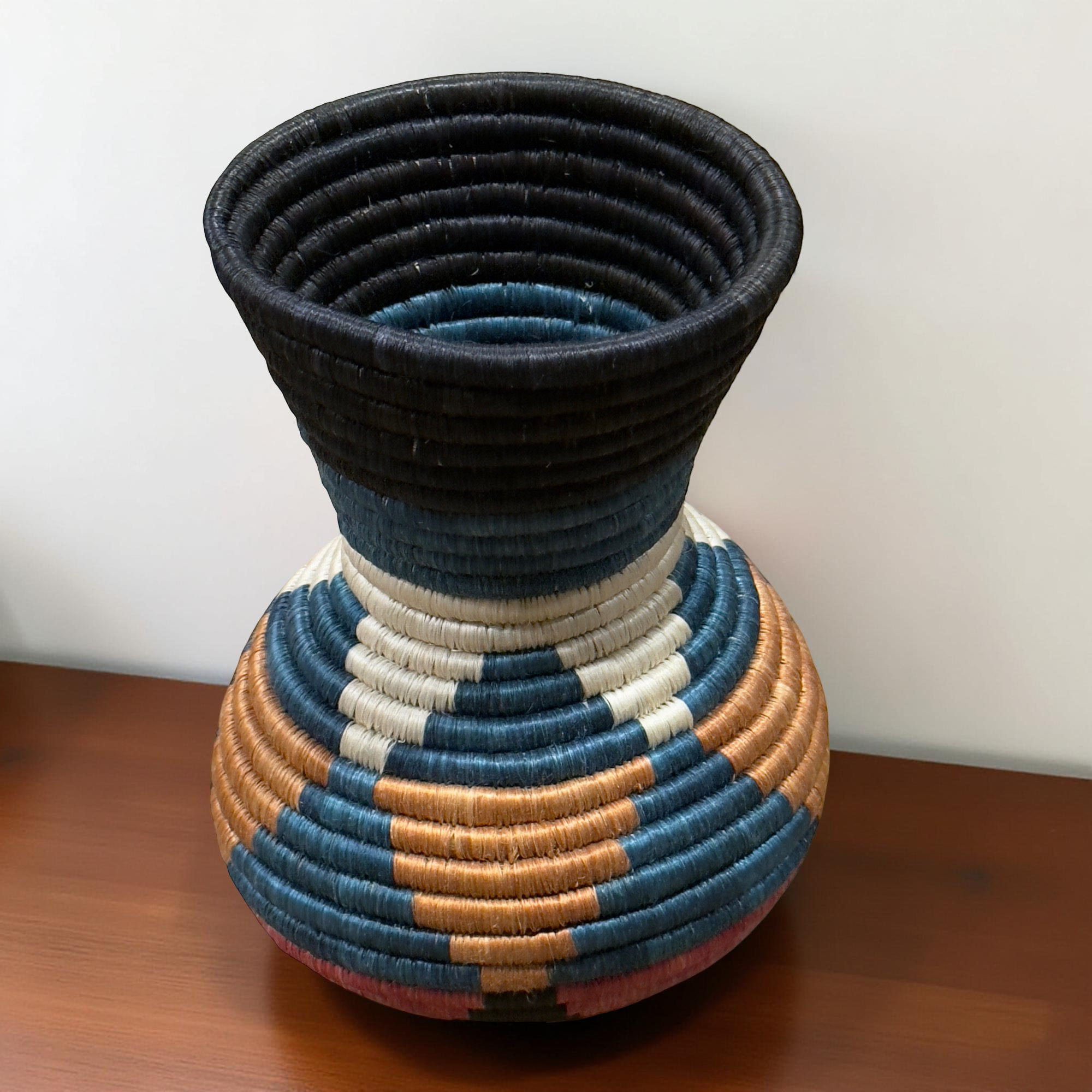 Handwoven Sisal Floral Vases in Tan, Blue and Black