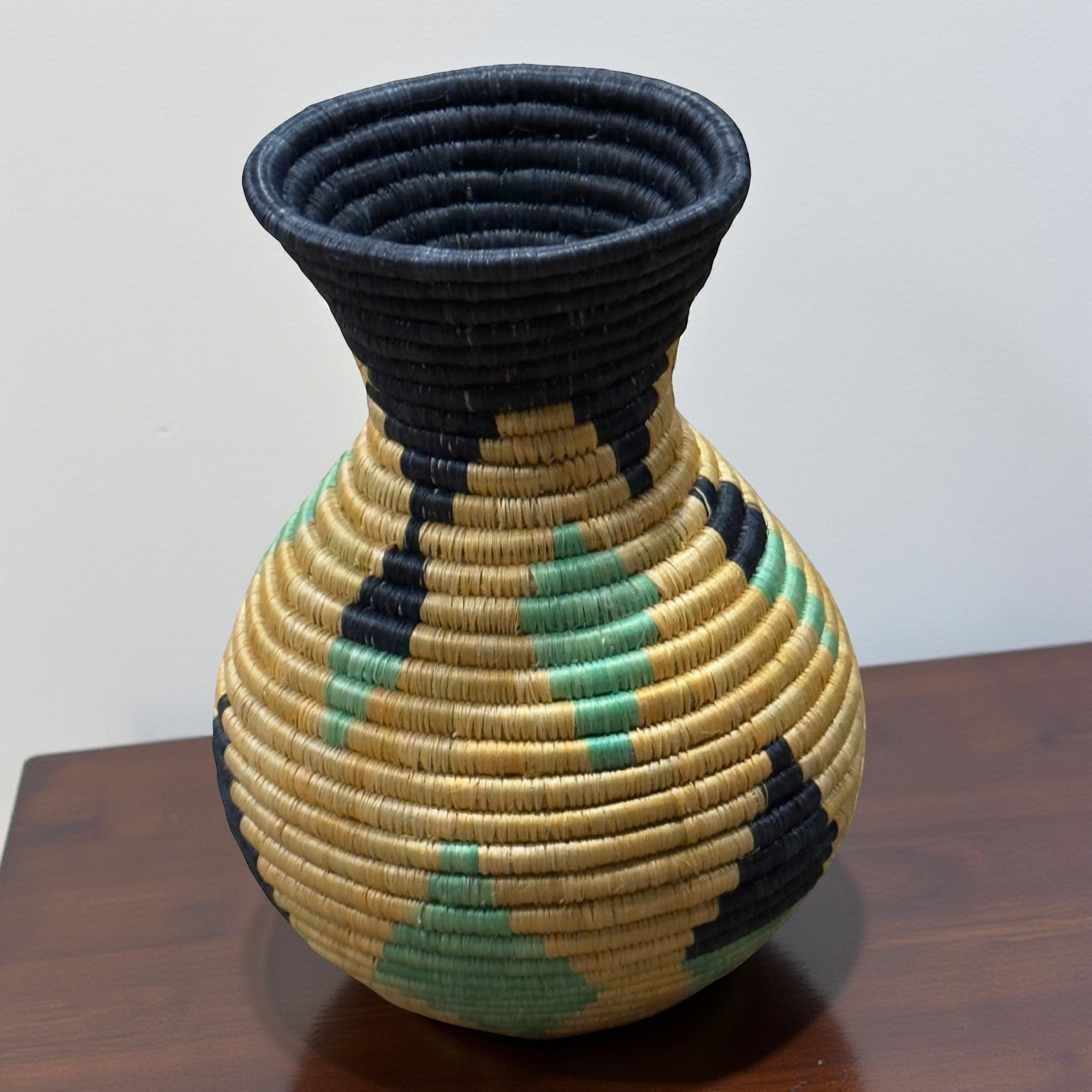 Handwoven Sisal Floral Vases in a Tan, Sea Green, and Black