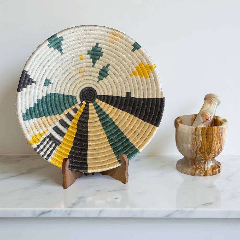 Handmade African Basket Bowl in Yellow, Green and Natural