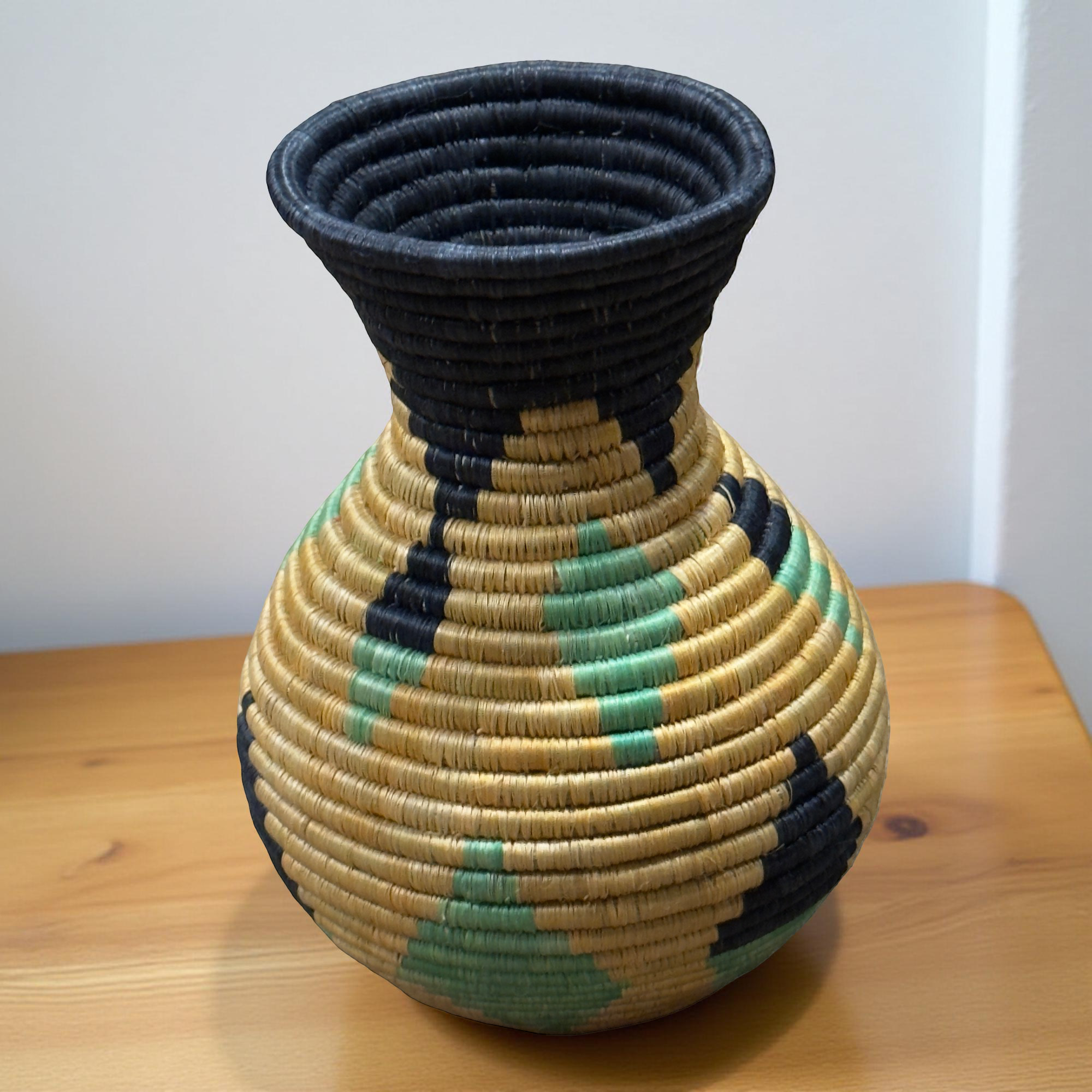 Handwoven Sisal Floral Vases in a Tan, Sea Green, and Black - Image 5