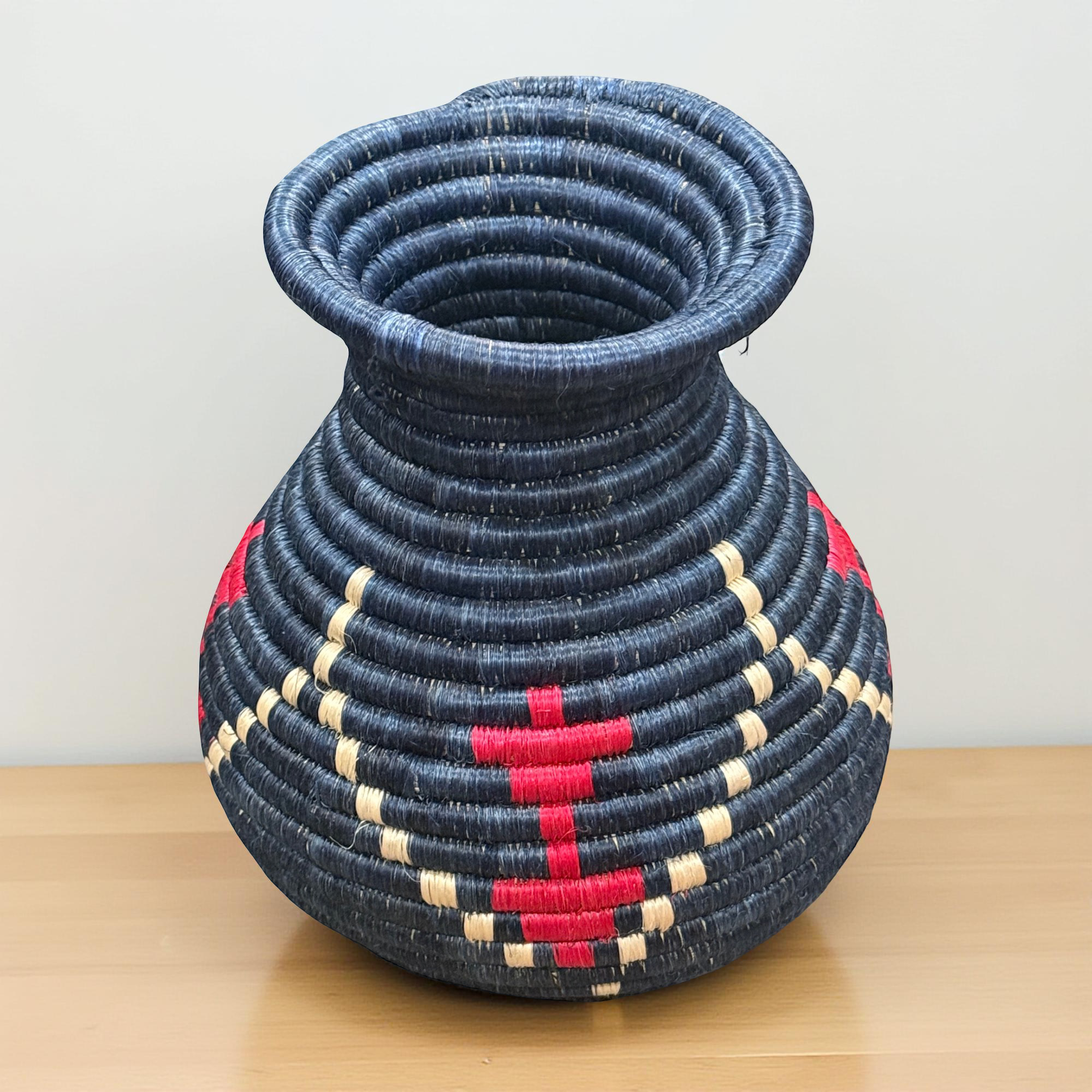 Handwoven Sisal Floral Vases in dark blue and red