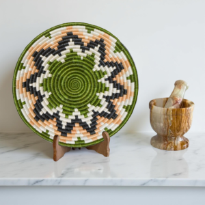 Handwoven Sisal African Basket Bowl in Green, Peach and Black