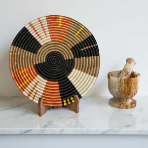 Handwoven Sisal African Basket Bowl in Deep Salmon, Black and Natural