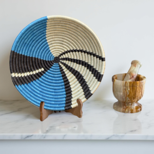 Handwoven Sisal African Basket Bowl in Blue,Black Abstract Swirl - Various Sizes