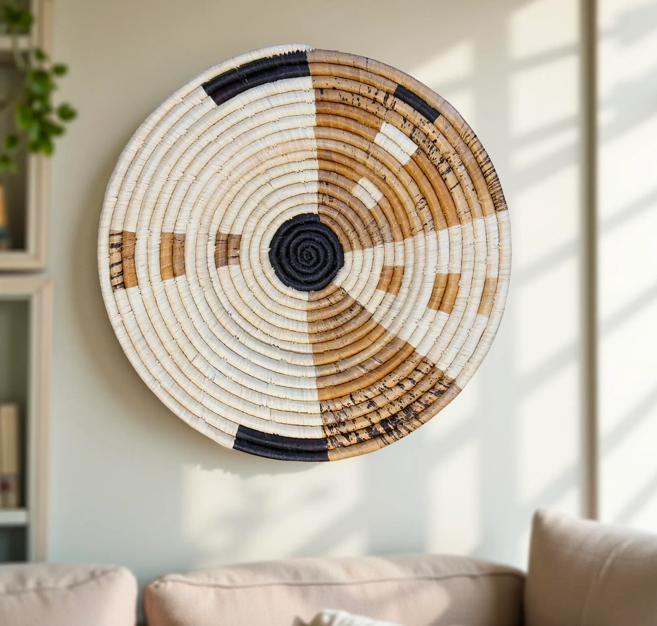 Banana Leaves Raffia Decor Plate Mat in Natural, Black with Abstract Design - Various Sizes