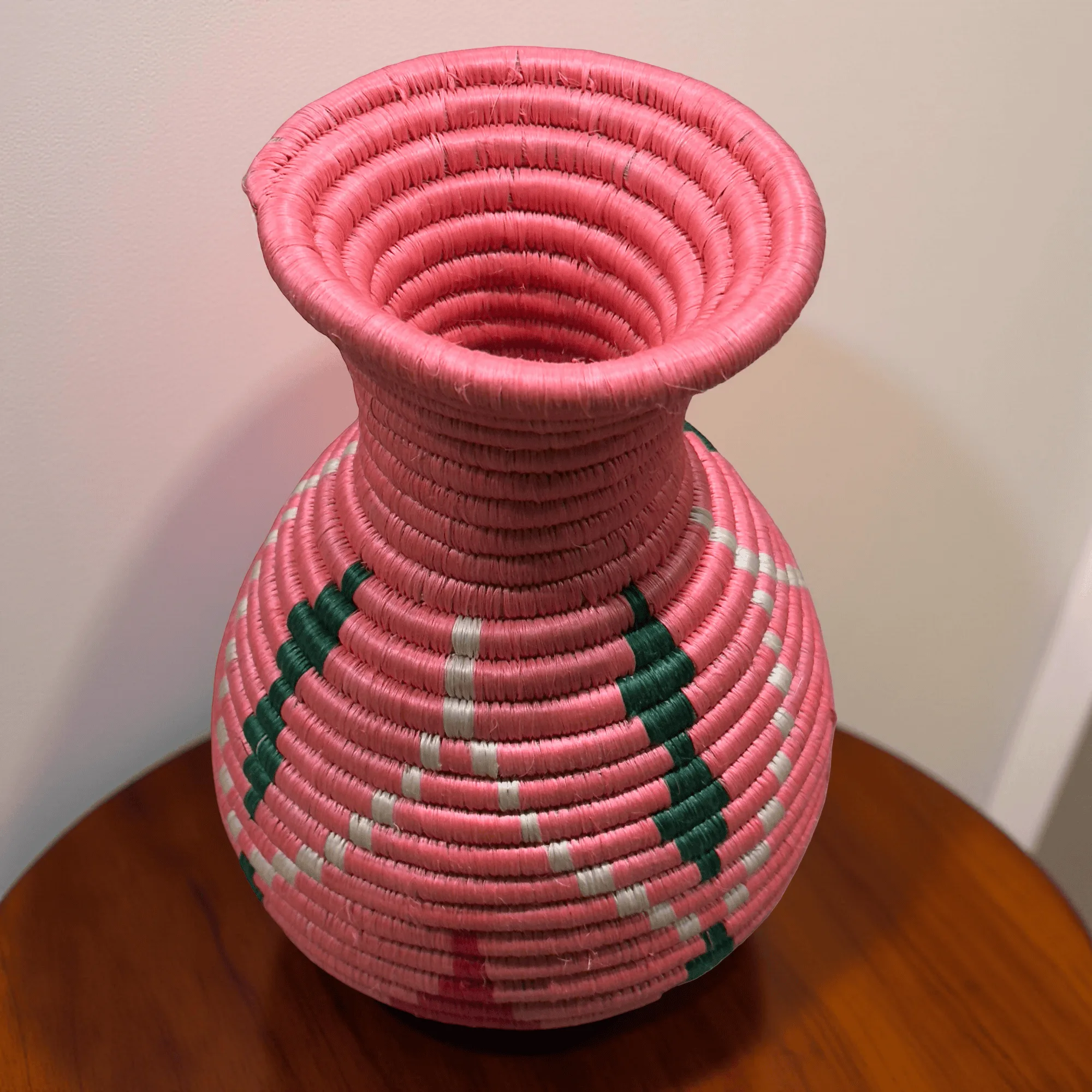Handmade Sisal Basket Vases in Pink, Green with White Accent - Image 2