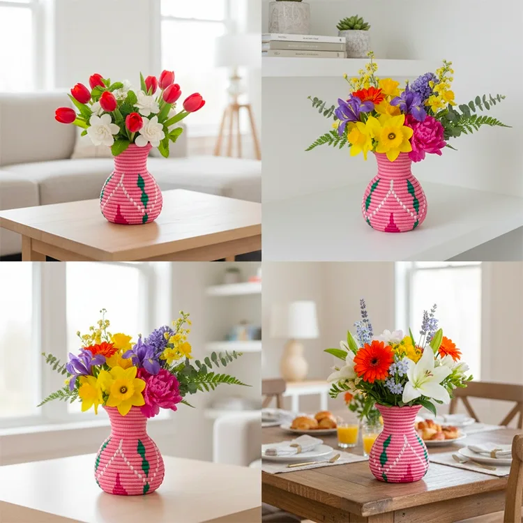 Handmade Sisal Basket Vases in Pink, Green with White Accent - Image 7