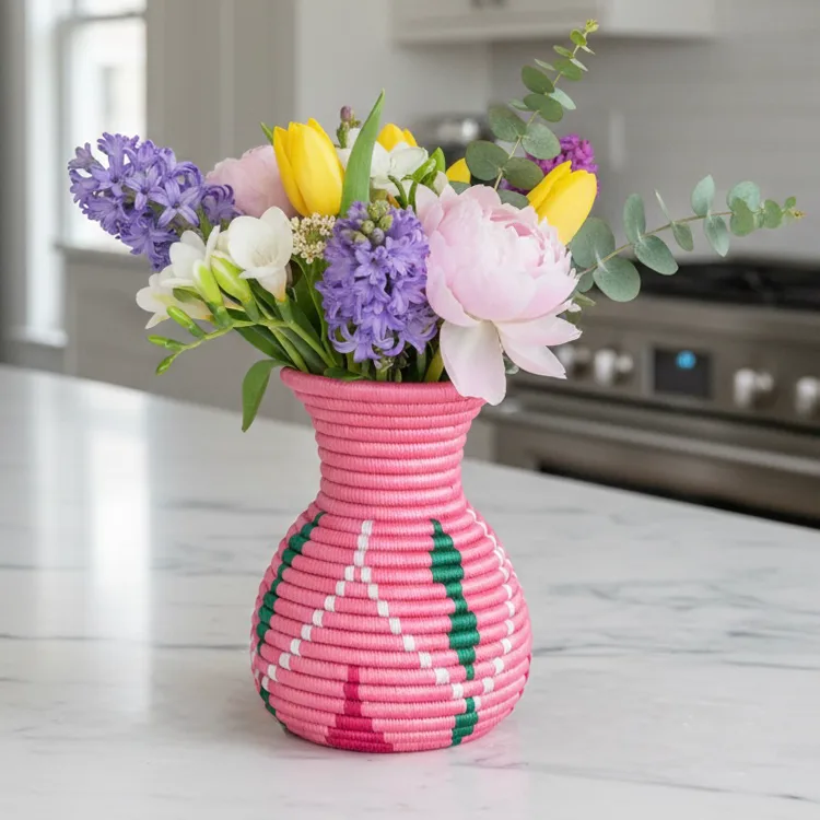 Handmade Sisal Basket Vases in Pink, Green with White Accent - Image 6
