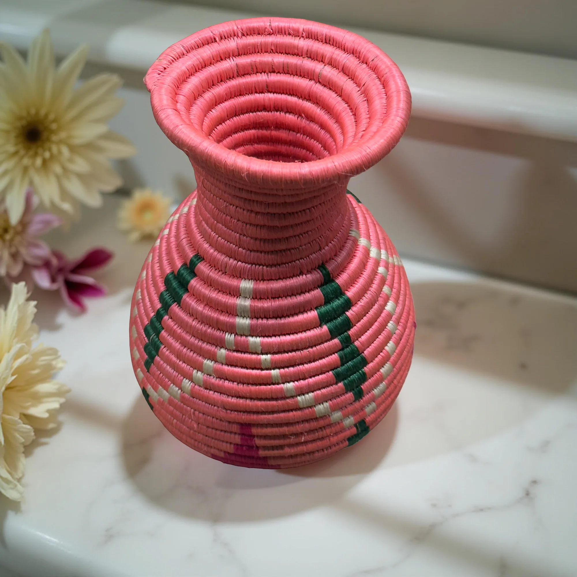 Handmade Sisal Basket Vases in Pink, Green with White Accent - Image 8
