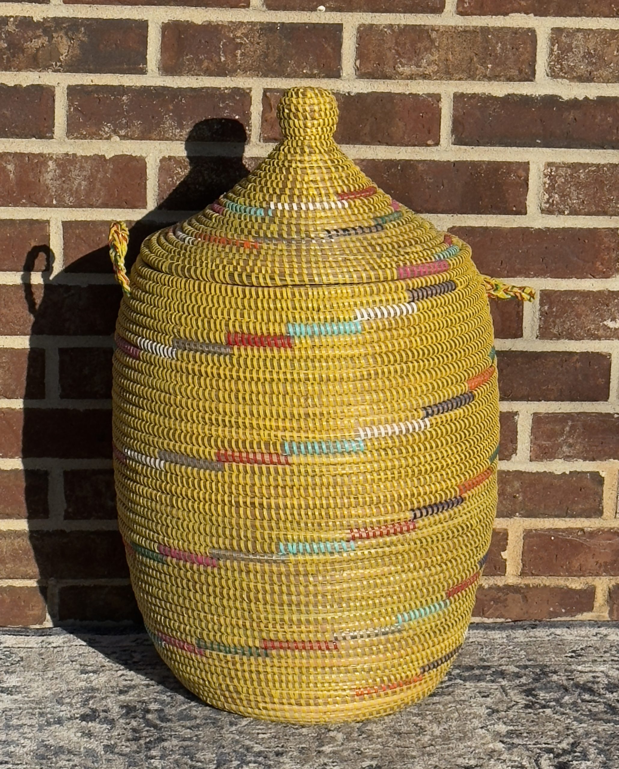 Vibrant Woven Extra-large Senegalese Laundry Hamper Storage Basket in Yellow and White - Image 2