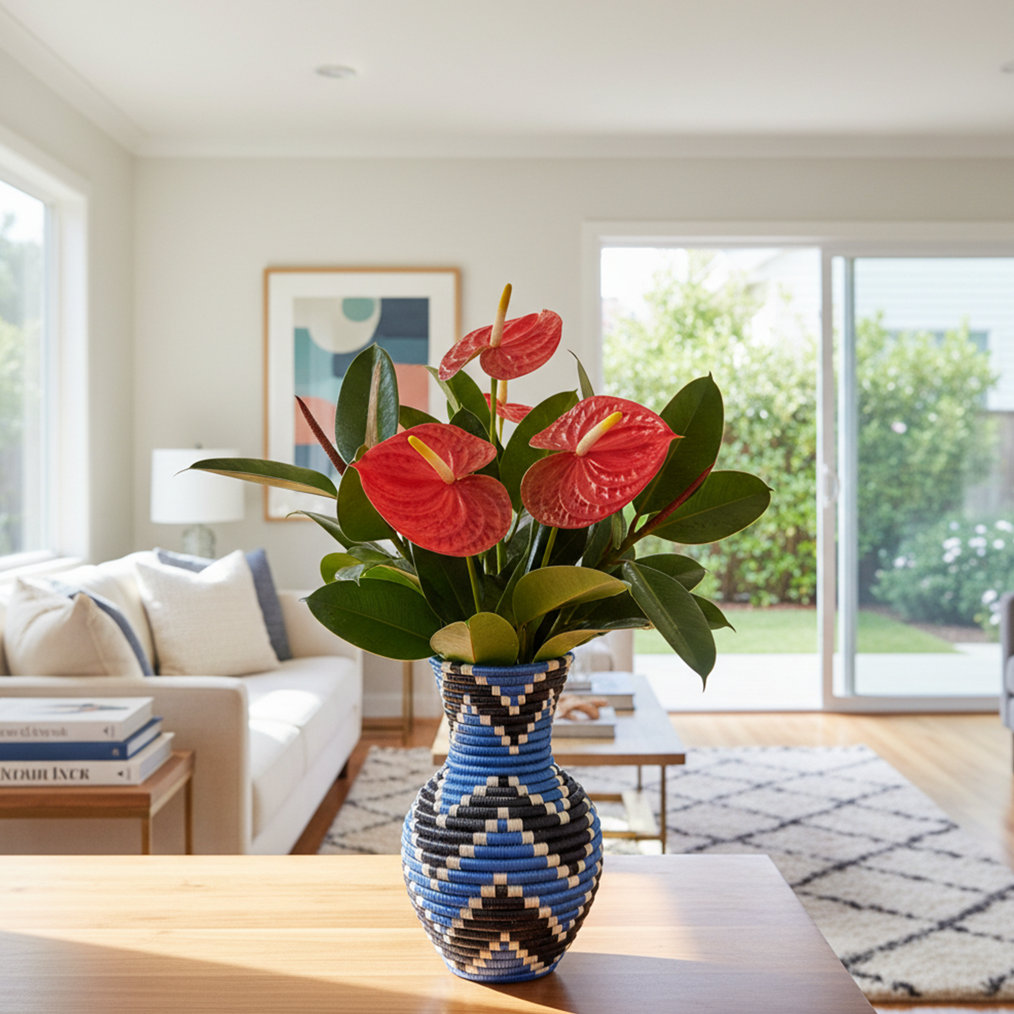 Handwoven Sisal Floral Vase in Blue, Black and Natural - Image 8