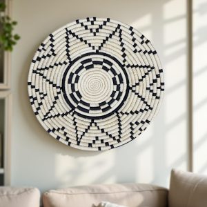 Handwoven Raffia Wall Plate in Natural and Black Kaleidoscope Design - Various Sizes
